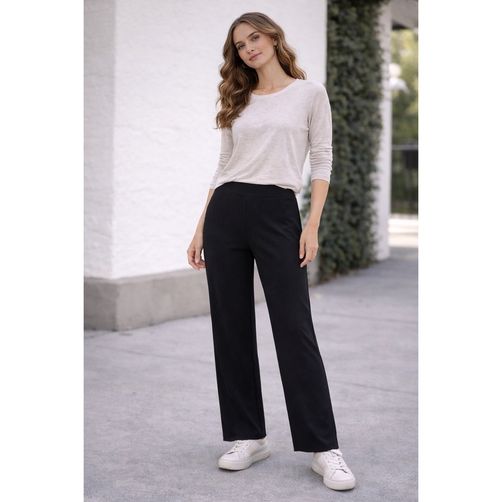 Eileen Fisher Womens Black Stretch Knit Straight Leg Pull On Pants‎ Size S Small